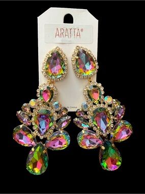 🌈 NWT! Aratta Rainbow Aurora Borealis Crystal Chandelier Glam Statement Earrings